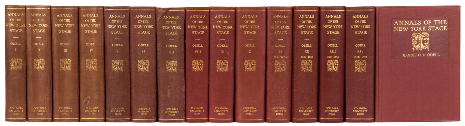 Annals of the New York Stage.: Odell, George C.D. Annals of the New York Stage. New York: Columbia University Press, 1927. 15 volume set. First edition. Publisher’s red cloth stamped in gilt. Profusely illustrated. 4to. Spine