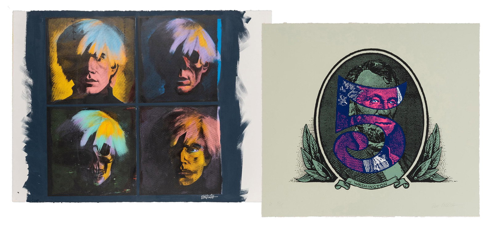 Pair of Ron English Lithographs, signed.: English, Ron (American, b. 1959). Pair of Ron English Lithographs, signed. Offset lithographs in color, on wove paper. Includes an artist proof from the presidential series featuring Abraham Lincoln (