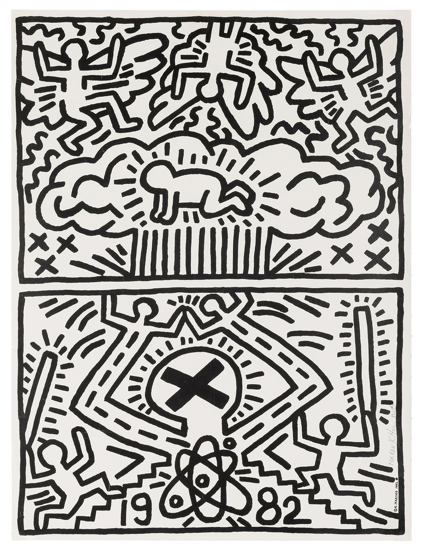 Nuclear Disarmament Poster, inscribed and signed by: Haring, Keith (1958–1990). Nuclear Disarmament Poster, inscribed and signed by Haring. 1982. Offset lithograph on smooth wove (glazed) paper. Inscribed and signed in ink by the artist in lower right