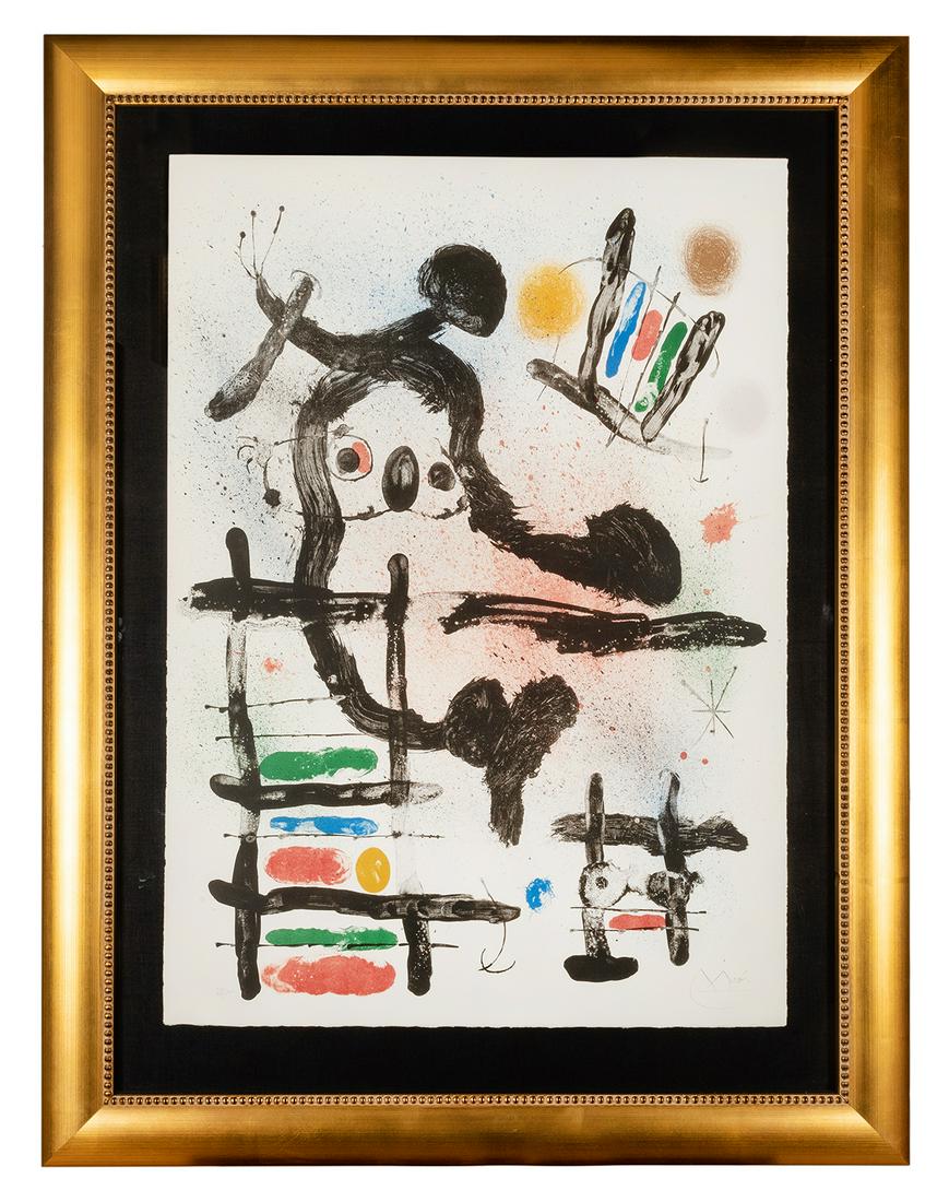 The Slingshot Bird, [signed].: Miró, Joan (1893–1983) The Slingshot Bird, [signed]. Paris: Maeght, 1965. Lithograph in colors on wove paper, signed and numbered (58/75) in pencil by Miró. Gallery framed, 31 ½ x
