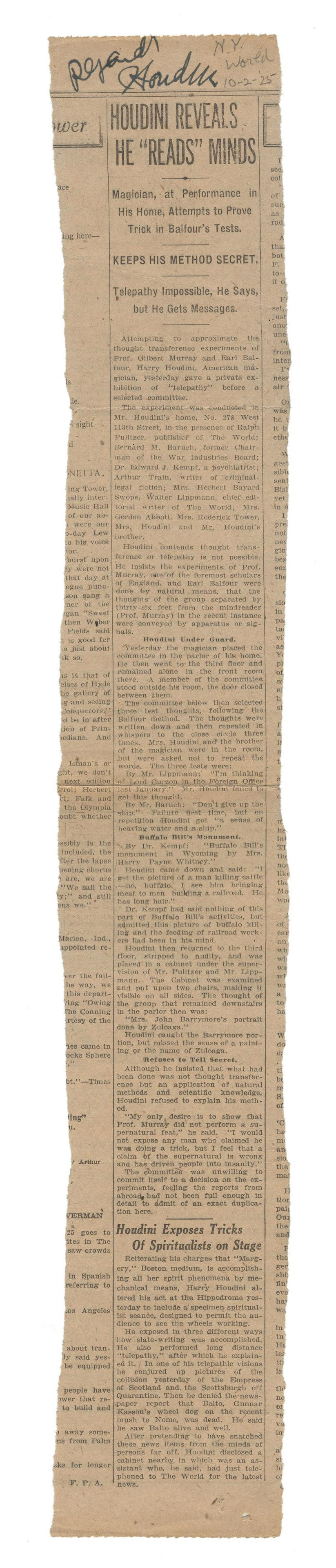 Houdini, Harry (Ehrich Weisz). Houdini Signed Newspaper (1 of 1)