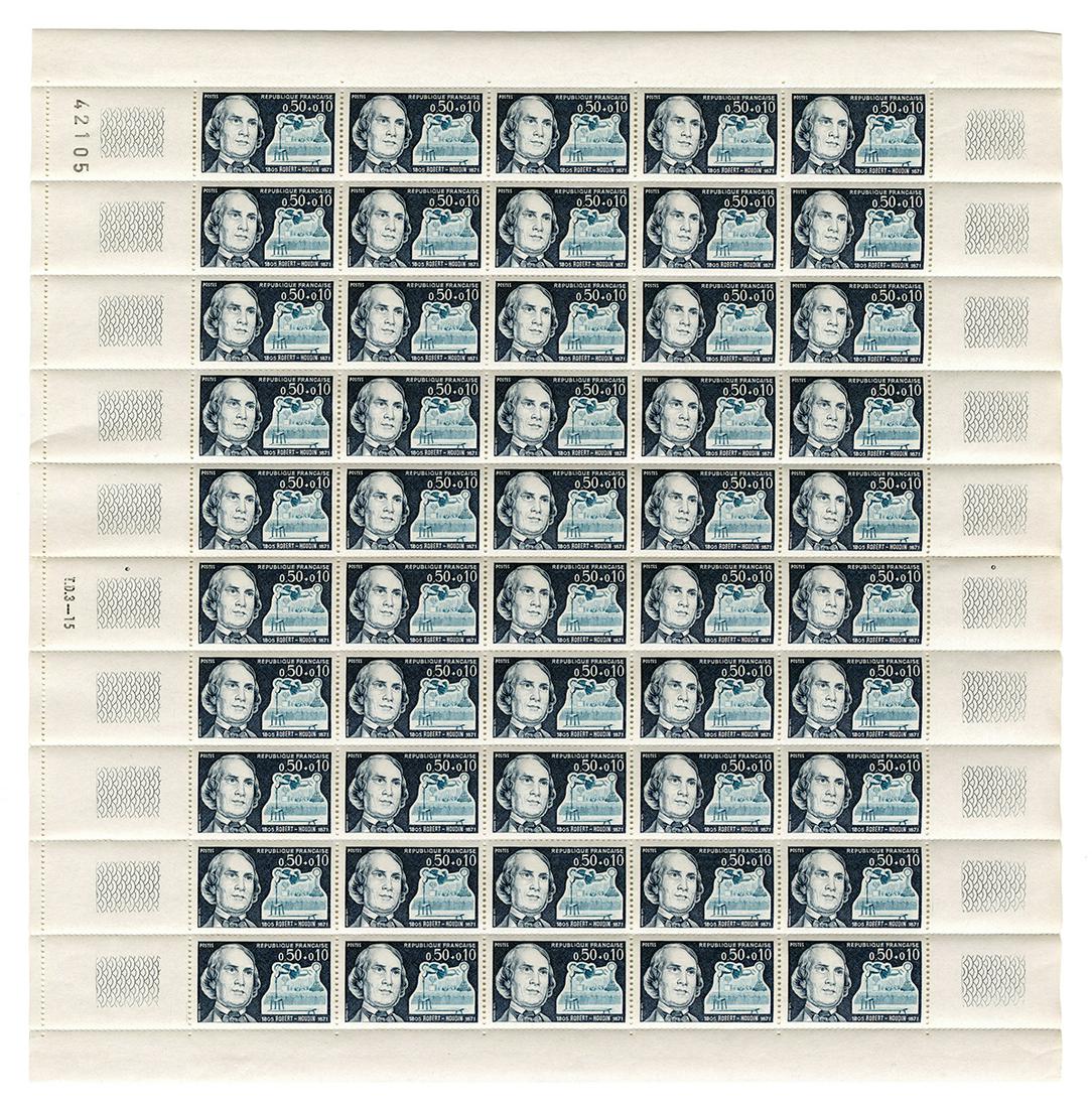 Robert-Houdin, Jean Eugene. Mint Sheet of Robert-Houdin: Robert-Houdin, Jean Eugene. Mint Sheet of Robert-Houdin Postage Stamps. France, 1971. Mint gummed sheet of 50 green blue stamps bearing a bust portrait of the “father of modern magic,” Jea