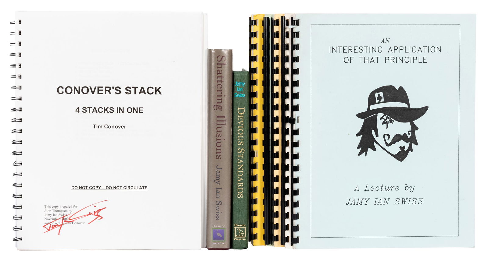 Swiss, Jamy Ian. Eight Jamy Ian Swiss Books and Lecture: Swiss, Jamy Ian. Eight Jamy Ian Swiss Books and Lecture Notes. Including Devious Standards (2011) and Shattering Illusions (2002), both presentation copies signed to John Thompson; Conover’s Sta