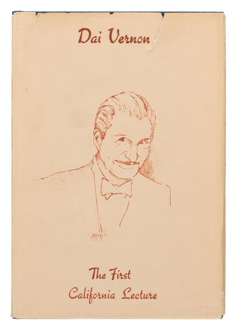[Vernon, Dai] Fitzkee Dariel, and Fred Braue. Dai: [Vernon, Dai] Fitzkee, Dariel and Fred Braue. Dai Vernon: The First California Lecture. Oakland: J.W. Busby, 1976. Inscribed to John Thompson by the publisher on the ffep. Blue pebbled cloth stamped i