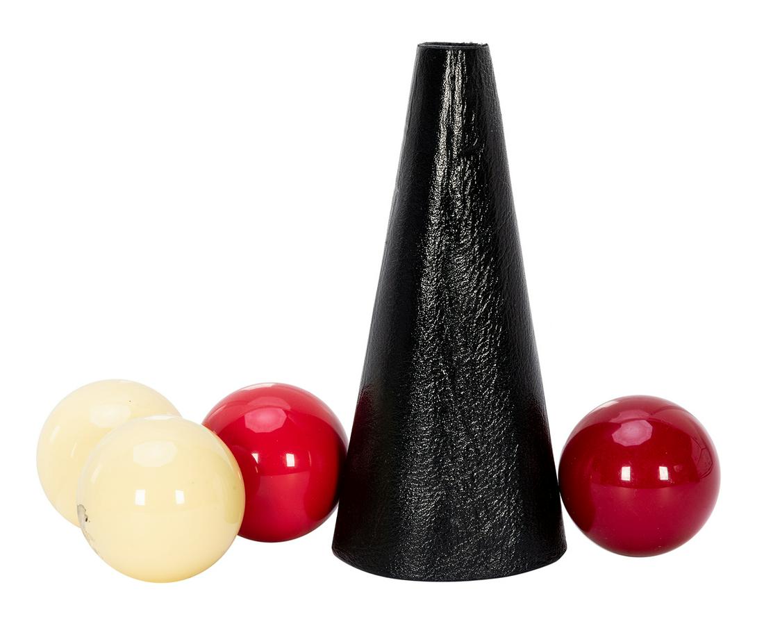 Johnny Thompson’s Ball and Cone. Comprised of a: Johnny Thompson’s Ball and Cone. Comprised of a seamless leather cone and four billiard balls - two red, and two white – for the classic sleight-of-hand trick popularized by Dai Vernon. He