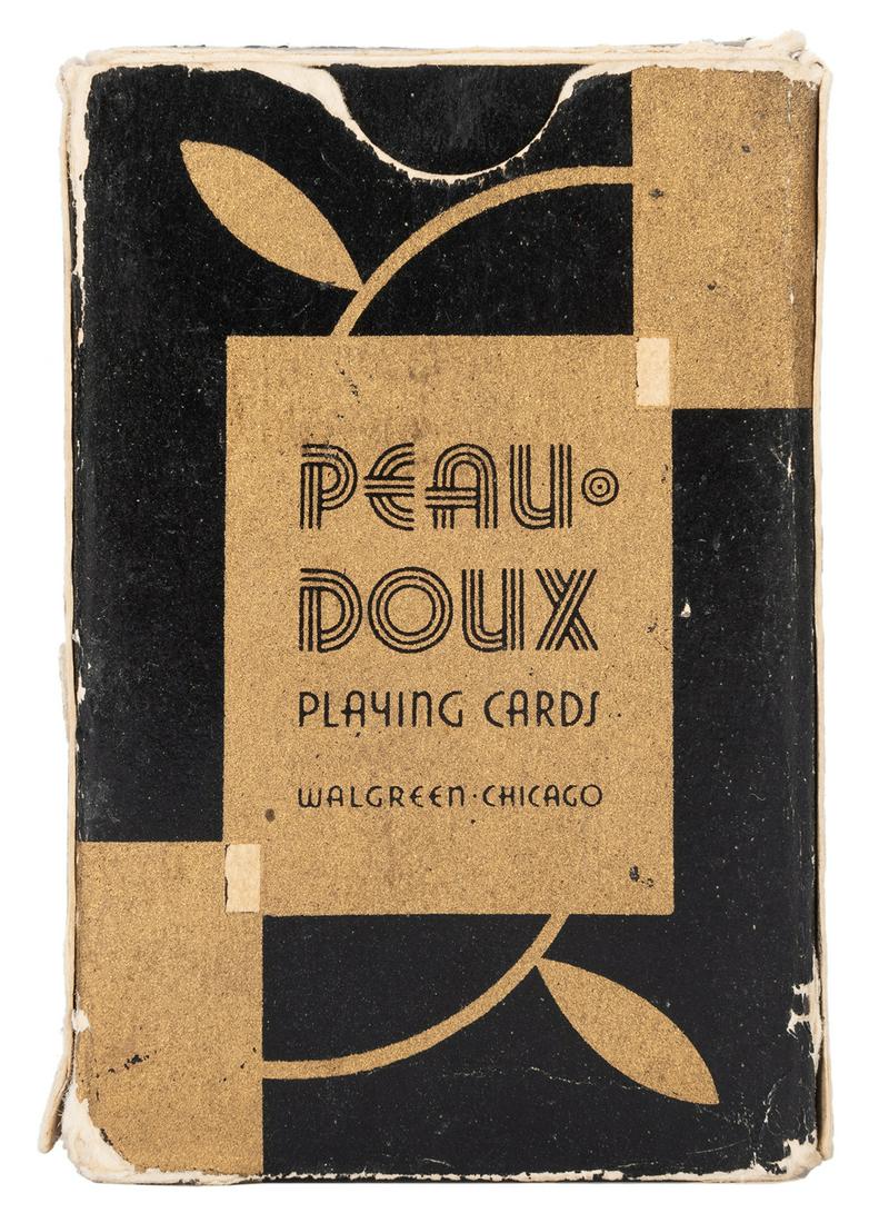 Gold Peau Doux Playing Cards. Chicago: Walgreen Co. ca.: Gold Peau Doux Playing Cards. Chicago: Walgreen Co., ca. 1940s. 52 + OB. Bride-size deck of fanning cards, favored by Cardini. Box sides splitting, cards showing some wear.