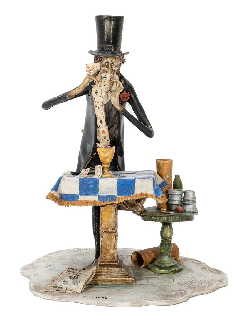 Moretto, Toni (Italian 1929-2011). Card Conjurer: Moretto, Toni (Italian, 1929-2011). Card Conjurer Sculpture. Italy: Lo Scriccolo, ca. 1990s. Fired clay sculpture depicting a magician producing a cascade of playing cards from his mouth, flowing into