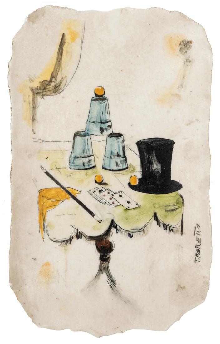 Moretto, Toni (Italian 1929-2011). Cups and Balls Tray.: Moretto, Toni (Italian, 1929-2011). Cups and Balls Tray. Fired clay tray-like sculpture depicting a magician’s table laden with Cups and Balls, playing cards, wand, silk, and top hat. 8 x 4 