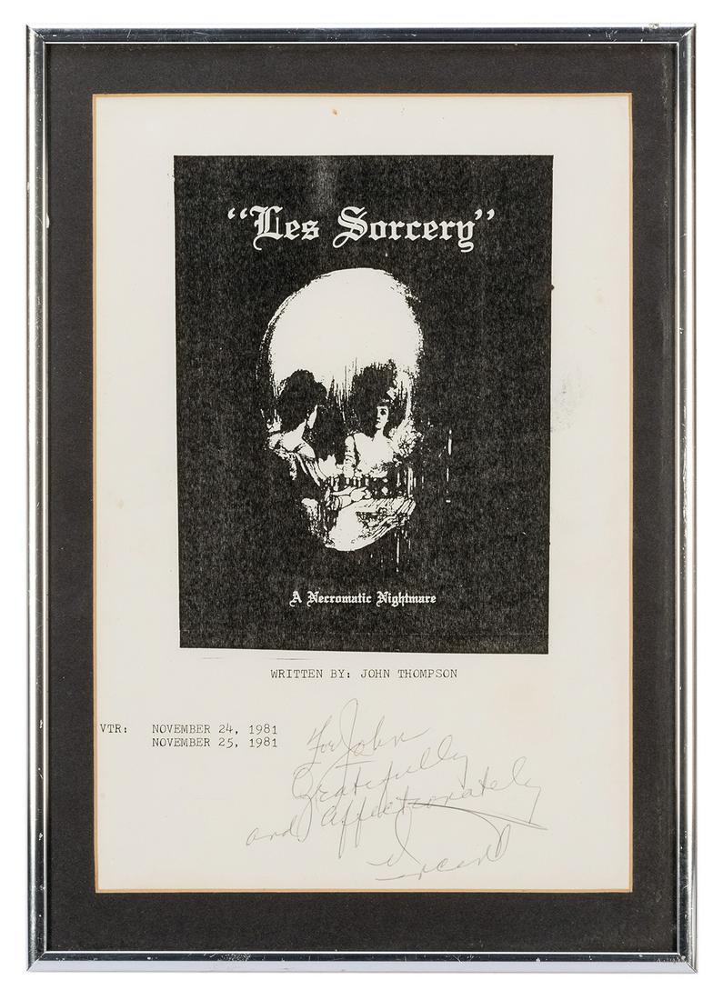Price, Vincent. Vincent Price Signed “Les: Price, Vincent. Vincent Price Signed “Les Sorcery” Script Cover and Related Ephemera. 1981/1980s. Including a framed script cover page, inscribed: “For John [Thompson] gratefully and