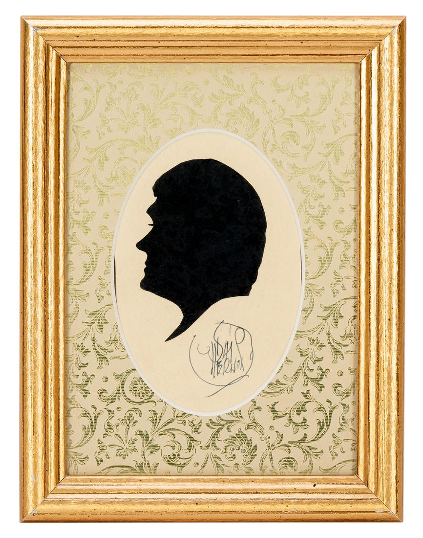 Vernon, Dai (David Frederick Wingfield Verner).: Vernon, Dai (David Frederick Wingfield Verner). Silhouette of Johnny Thompson by Dai Vernon. Circa 1980. Scissor-cut profile silhouette of Thompson, aka “The Wizard of Warsaw.” In a gilt w