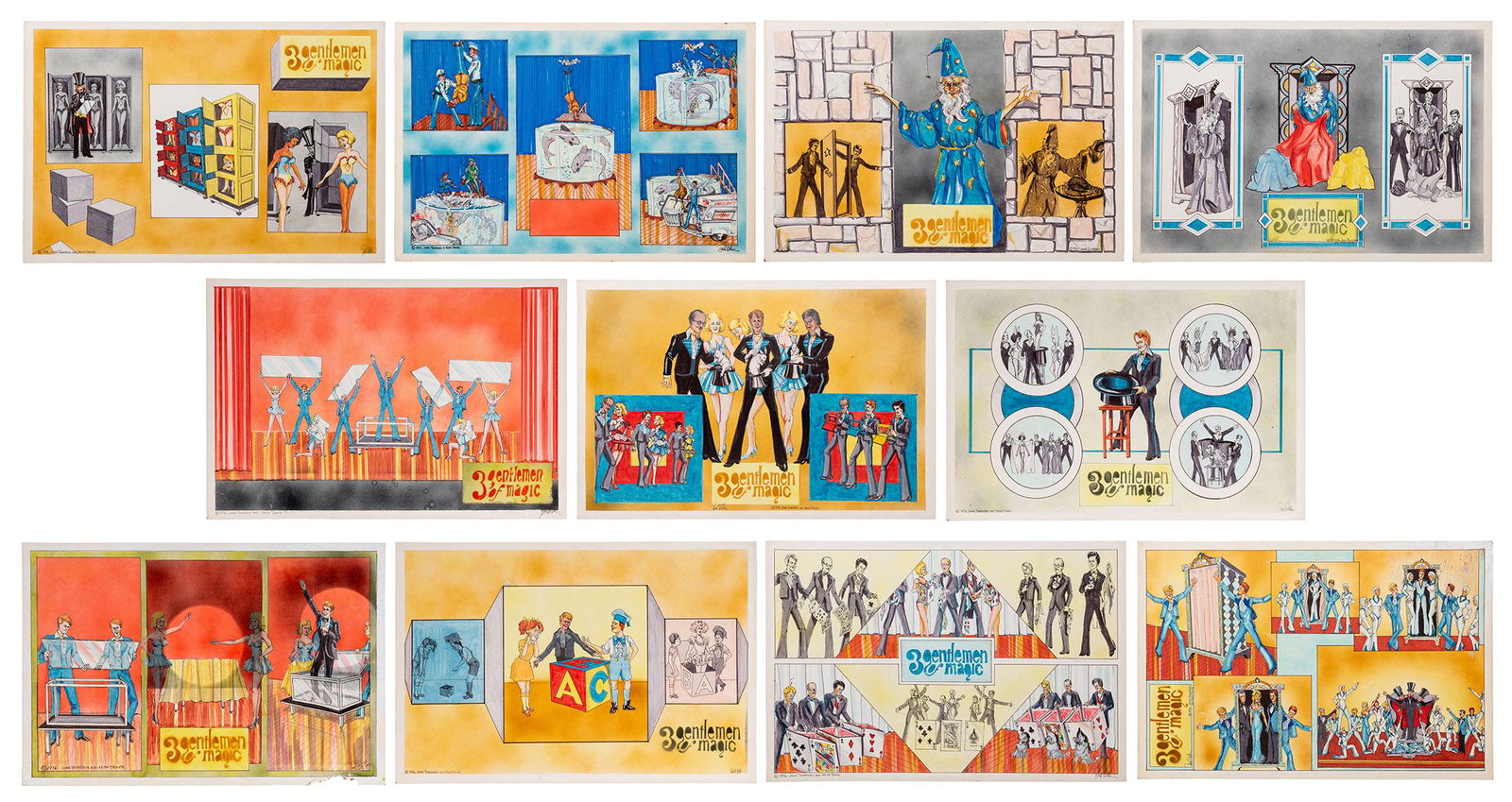 “3 Gentlemen of Magic” Pre-Production: “3 Gentlemen of Magic” Pre-Production Artwork. Lot of 11. 1976. Artwork by Paul Butler. Copyrighted by John Thompson (Tomsoni) and Keith Droste. Watercolor and airbrush on Charlotte illust