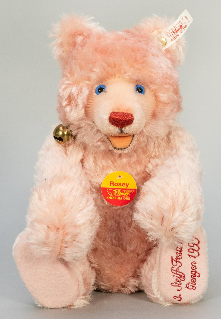 Steiff “Rosey” 1999 Giengen Festival: Steiff “Rosey” 1999 Giengen Festival Limited Edition. Edition of 3,000. Rose mohair, chest and ear tag, collar with bell. 11”.