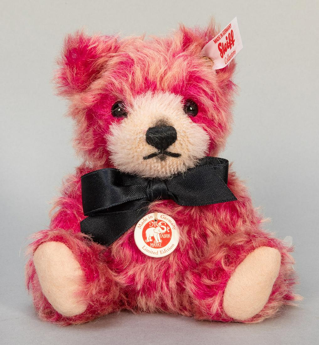 Steiff Summer 2015 Limited Edition Mini Teddy Bear.: Steiff Summer 2015 Limited Edition Mini Teddy Bear. Number 19 of 135 bears. Pink and light brown mohair. Black ribbon tie. White tag. 6”.