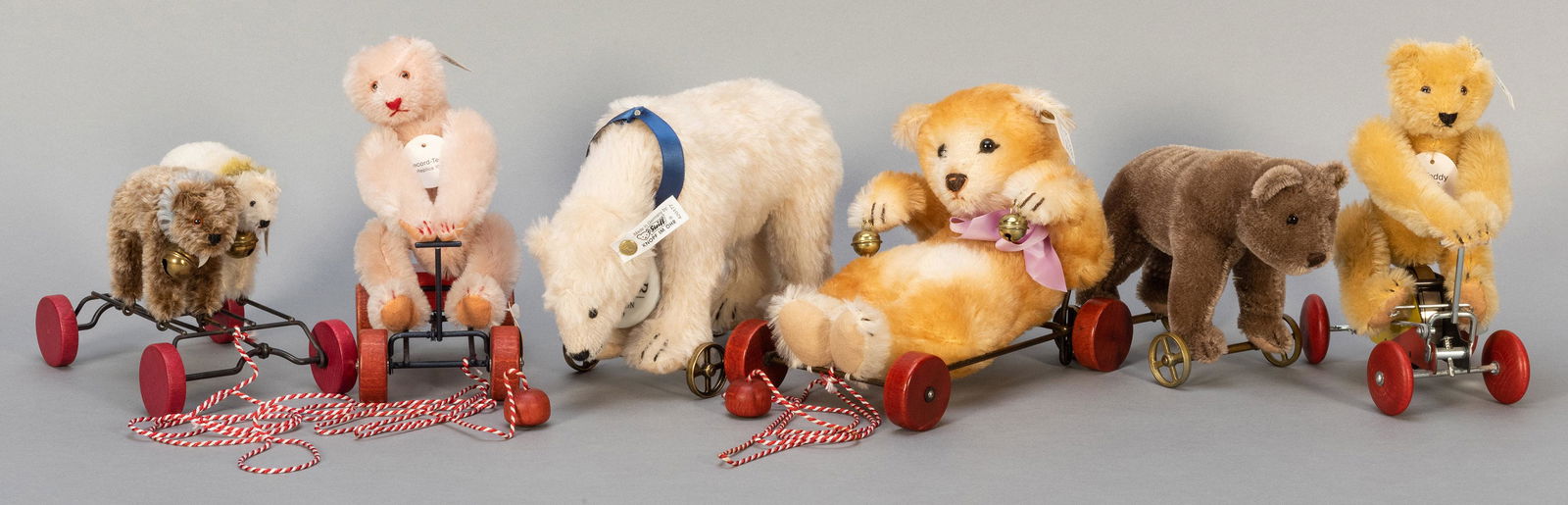 Steiff Wheel and Pull Toys. Lot of 6. Including Polar: Steiff Wheel and Pull Toys. Lot of 6. Including Polar Bear on Wheels (420177), edition of 1,999, in original box; Record-Teddy 1913 Replica (1991; 756 of 4,000); Baby Bear on wagon (0135/20; 2970 of 4