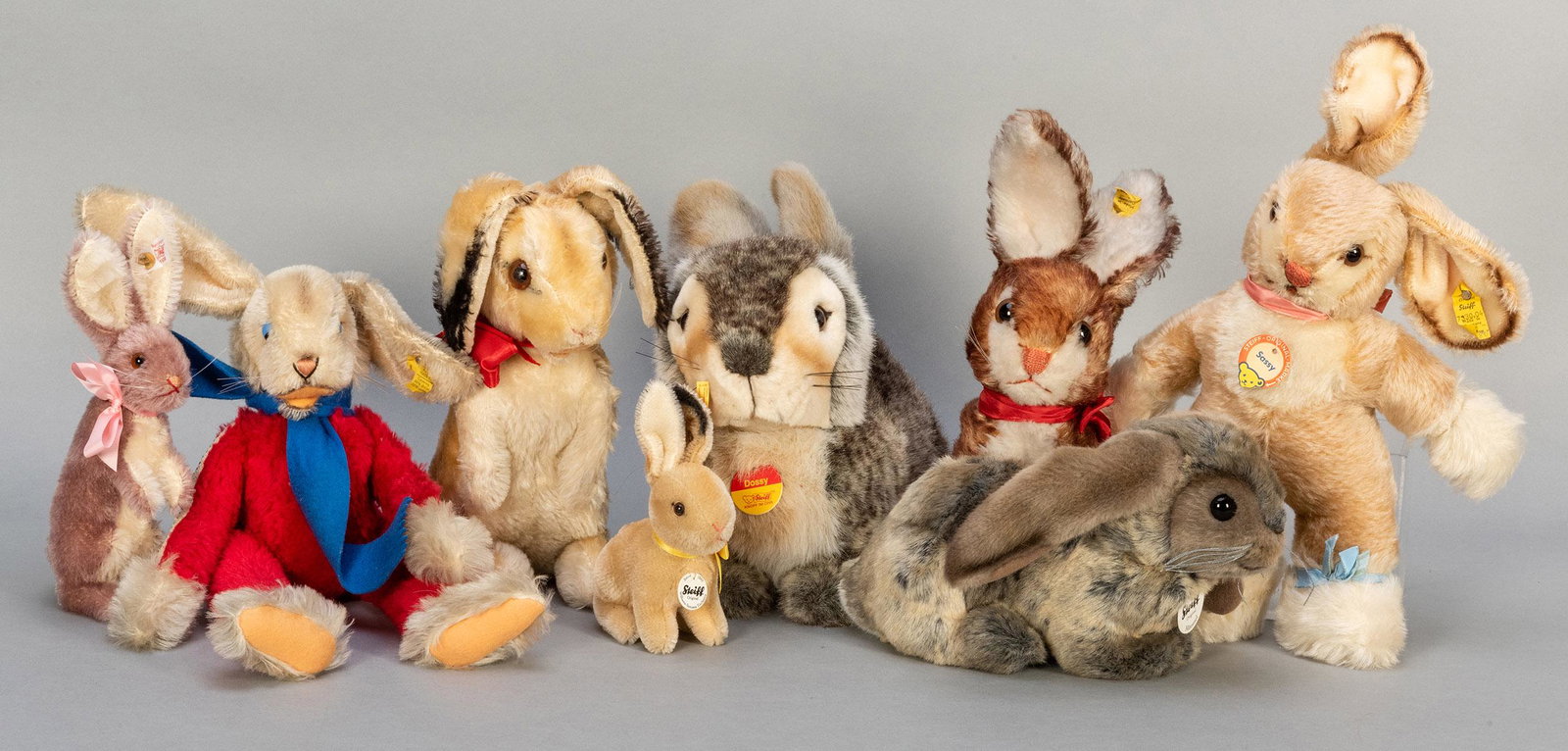 Lot of 8 Steiff Rabbits / Hares. Including Rico: Lot of 8 Steiff Rabbits / Hares. Including Rico (7828/43); Mummel Hase (270109); Sassy (7330/04); Lavender Rabbit (668005; edition of 2,006); Williams Sonoma Exclusive (683176); Dossy Bedtime Bunny (0