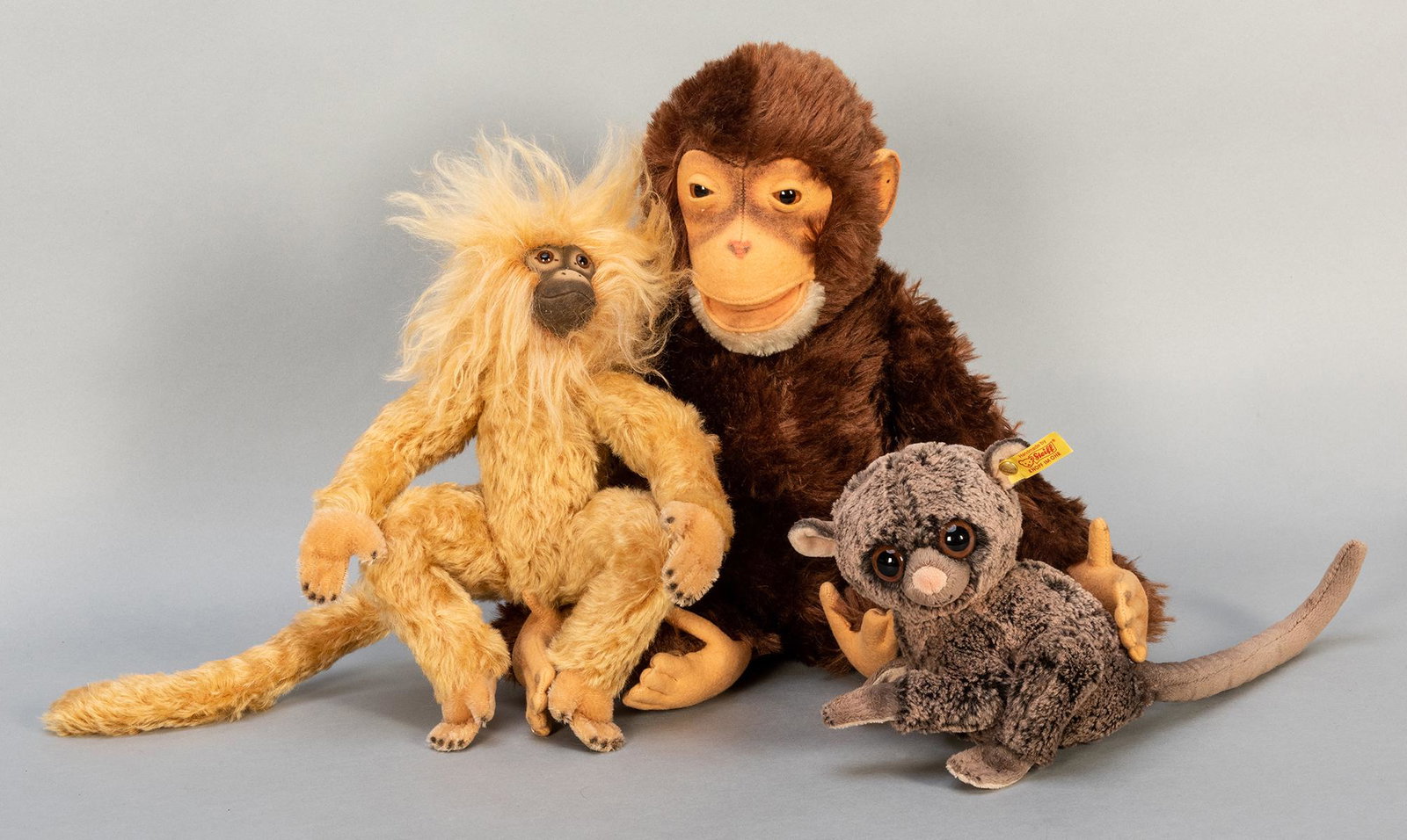 Steiff Monkey Trio. Including Golden Lion Tamarin: Steiff Monkey Trio. Including Golden Lion Tamarin (number 231 of 1,500; EAN 668111) 11” excluding tail; Tarsier Monkey (8” excluding tail); and Jocko Chimpanzee replica (15”). Jocko 