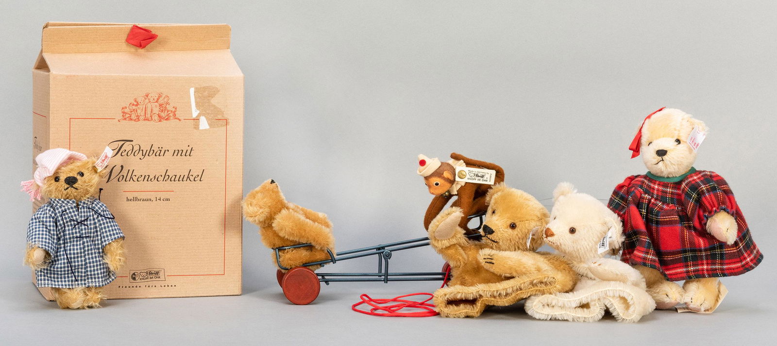 Lot of Four Classic Limited Edition Steiff Animals.: Lot of Four Classic Limited Edition Steiff Animals. Including Wig Wag 1924 pull toy replica (edition of 4,000; EAN 400872), 10”; Punchy Bear glove hand puppets replica (edition of 5,000; EAN 400