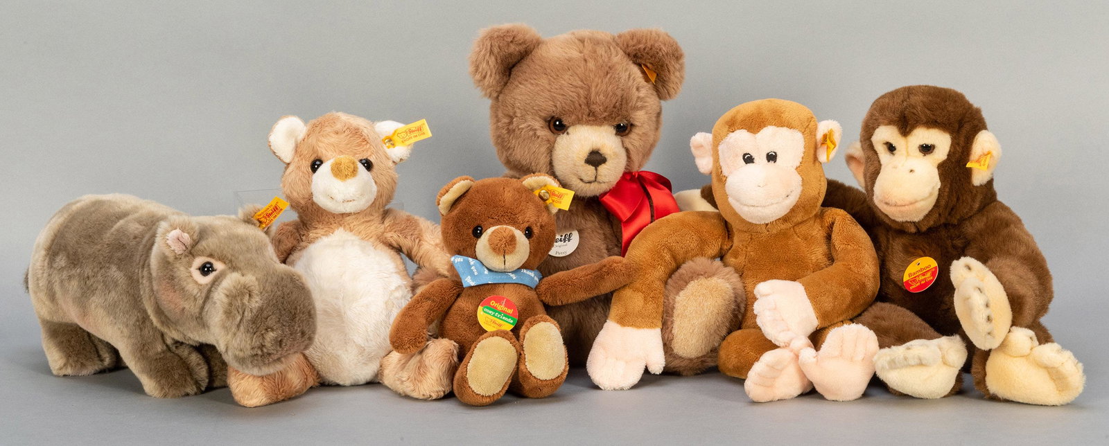Steiff Modern Plush Animals Group. Six pieces,: Steiff Modern Plush Animals Group. Six pieces, including Baby Jocko (669163), 13”; Thank You Teddy Bear (020575), 9”; Bamboo Chimpanzee (060533), 14”; Lazy Bear (110016), 10 ½&#