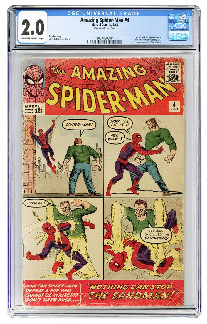 Amazing Spider-Man #4. Marvel Comics, 1963. CGC 2.0: Amazing Spider-Man #4. Marvel Comics, 1963. CGC 2.0 graded copy with off-white to white pages. Origin and first appearance of the Sandman (William Baker). First appearance of Betty Brant. Story by Sta