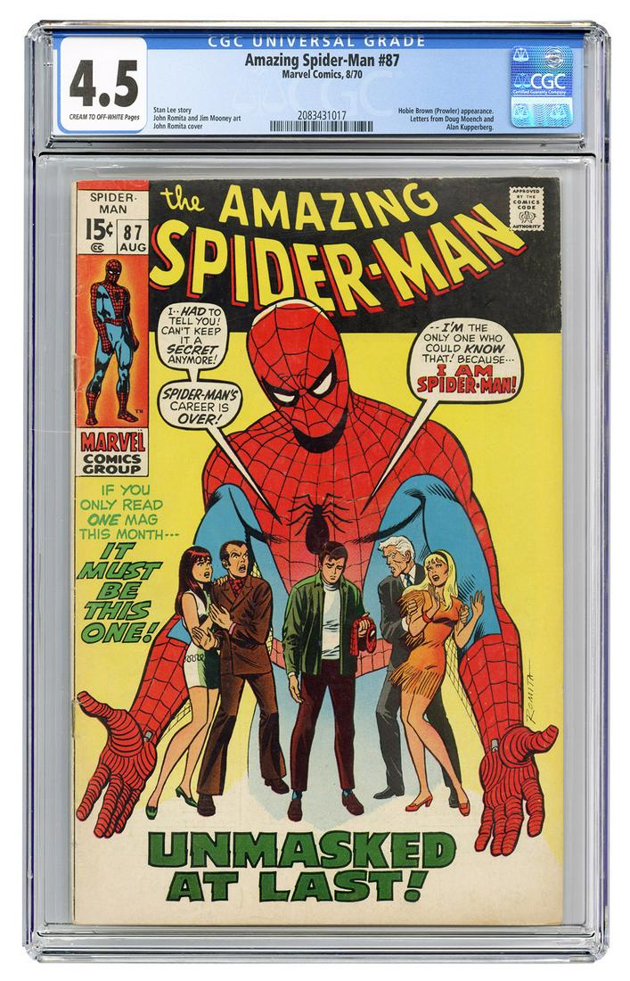 Amazing Spider-Man #87. Marvel Comics, 1970. CGC 4.5: Amazing Spider-Man #87. Marvel Comics, 1970. CGC 4.5 graded copy with cream to off-white pages. Hobie Brown (Prowler) appearance. Letters from Doug Moench and Alan Kupperberg. Story by Stan Lee. Cover