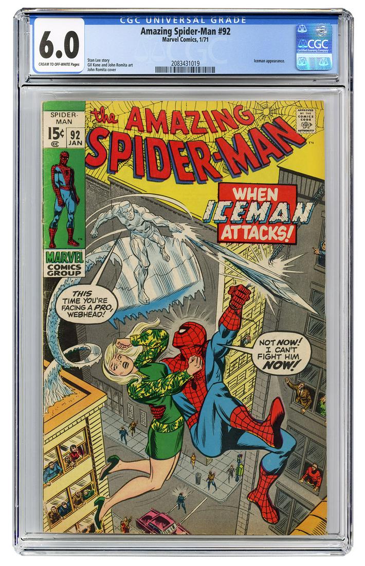 Amazing Spider-Man #92. Marvel Comics, 1971. CGC 6.0: Amazing Spider-Man #92. Marvel Comics, 1971. CGC 6.0 graded copy with cream to off-white pages. Iceman appearance. Story by Stan Lee. Cover by John Romita.