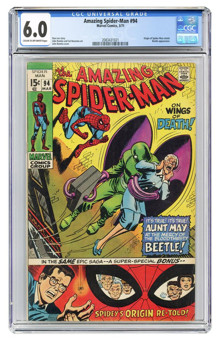 Amazing Spider-Man #94. Marvel Comics, 1971. CGC 6.0: Amazing Spider-Man #94. Marvel Comics, 1971. CGC 6.0 graded copy with cream to off-white pages. Origin of Spider-Man retold. Beetle appearance. Story by Stan Lee. Cover by John Romita.