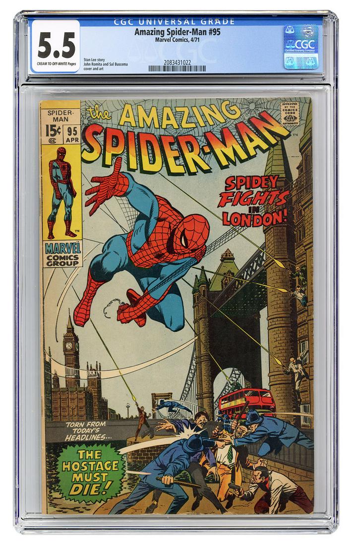 Amazing Spider-Man #95. Marvel Comics, 1971. CGC 5.5: Amazing Spider-Man #95. Marvel Comics, 1971. CGC 5.5 graded copy with cream to off-white pages. Story by Stan Lee. Cover and art by John Romita and Sal Buscema.