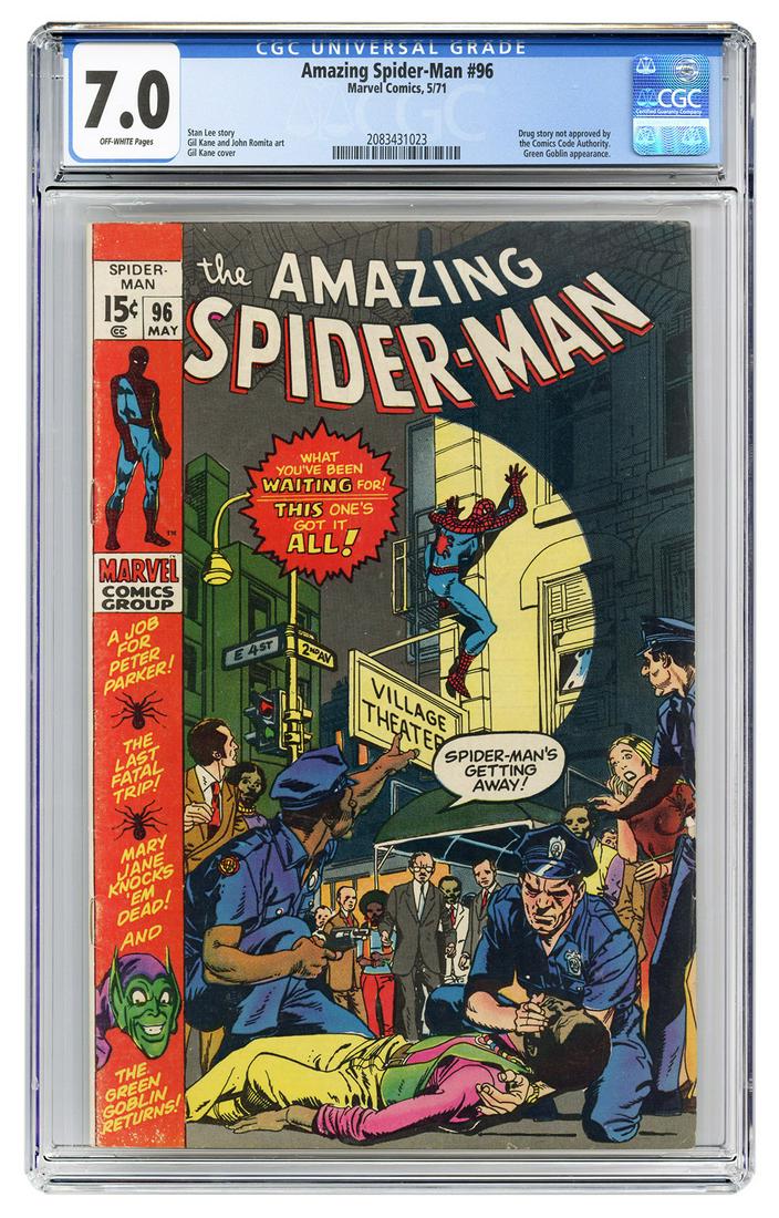 Amazing Spider-Man #96. Marvel Comics, 1971. CGC 7.0: Amazing Spider-Man #96. Marvel Comics, 1971. CGC 7.0 graded copy with off-white pages. Drug story not approved by the Comics Code Authority. Green Goblin appearance. Story by Stan Lee. Cover by Gil Ka