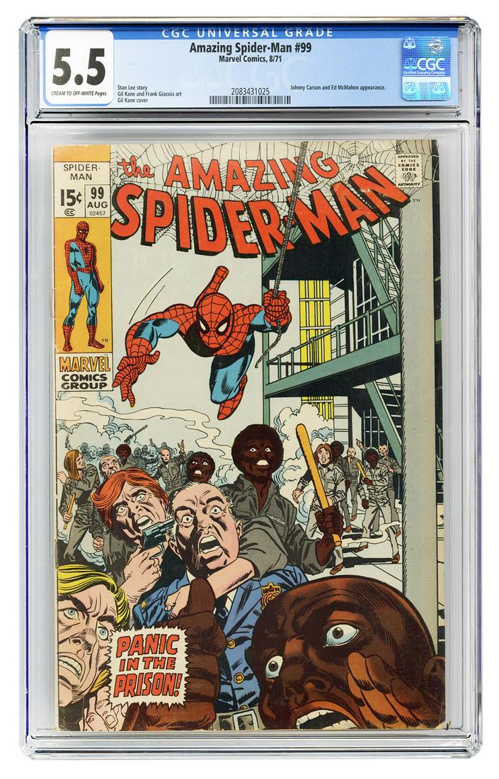Amazing Spider-Man #99. Marvel Comics, 1971. CGC 5.5: Amazing Spider-Man #99. Marvel Comics, 1971. CGC 5.5 graded copy with cream to off-white pages. Johnny Carson and Ed McMahon appearance. Story by Stan Lee. Cover by Gil Kane.
