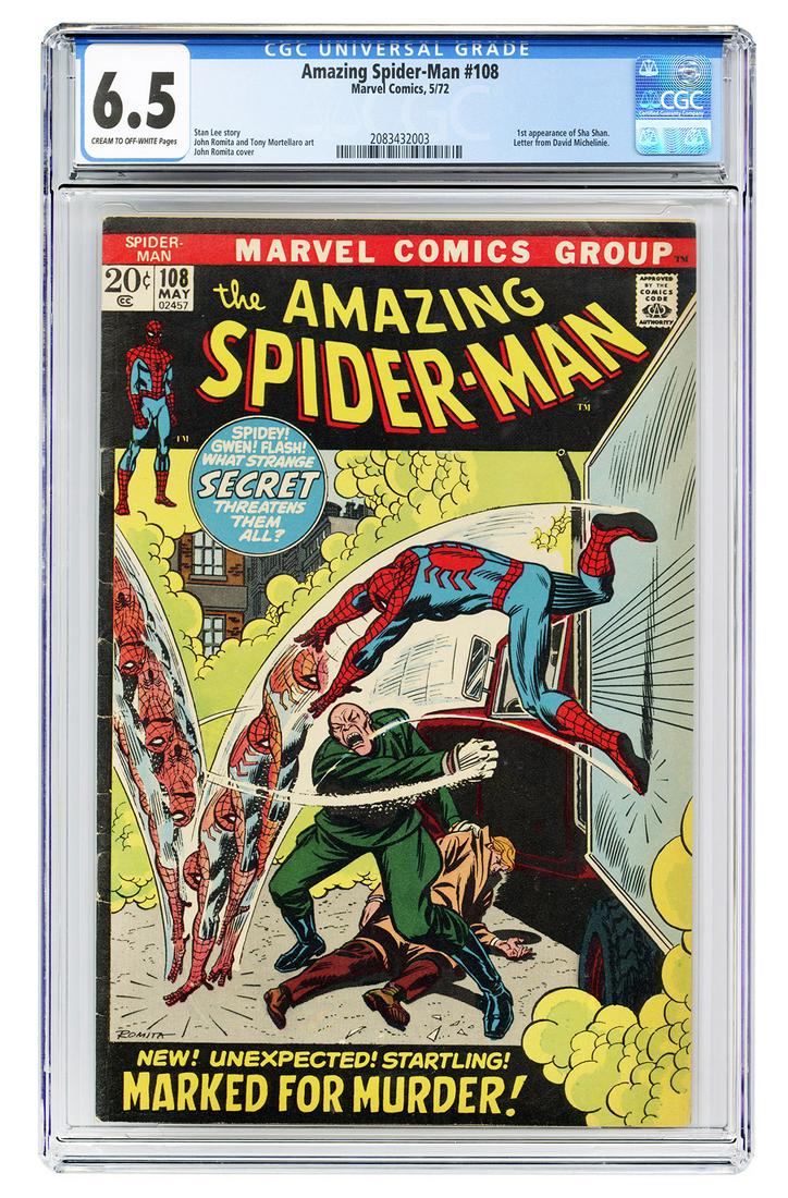 Amazing Spider-Man #108. Marvel Comics, 1972. GCG 6.5: Amazing Spider-Man #108. Marvel Comics, 1972. GCG 6.5 graded copy with cream to off-white pages. First appearance of Sha Shan. Letter from David Michelinie. Story by Stan Lee. Cover by John Romita.