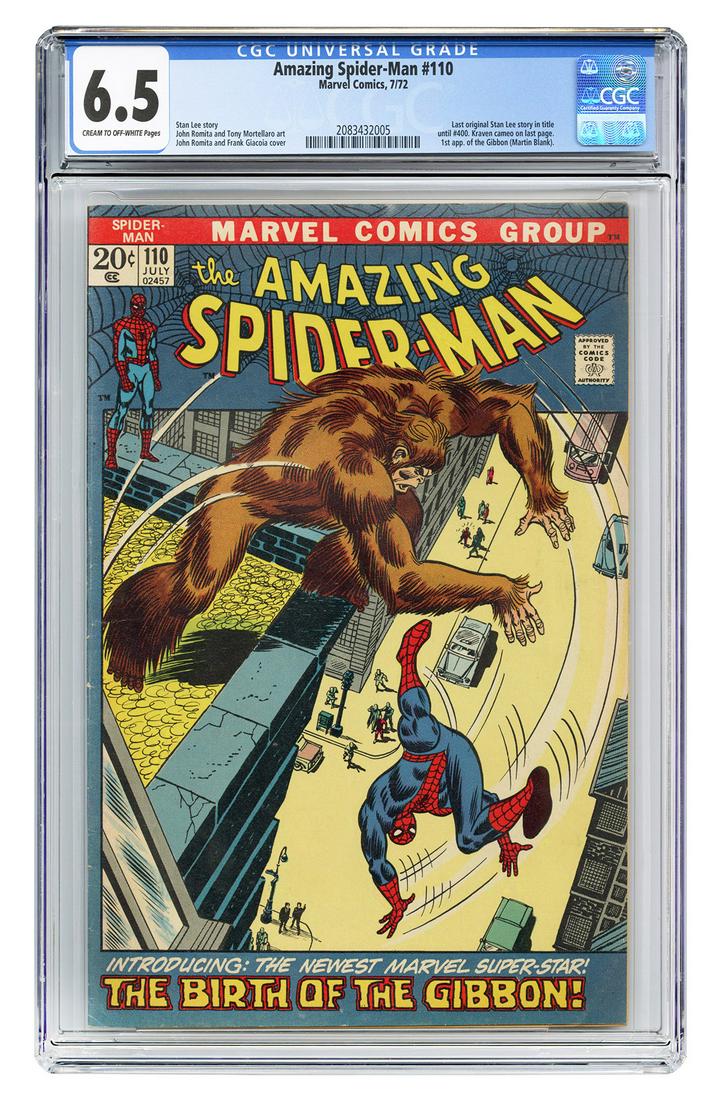 Amazing Spider-Man #110. Marvel Comics, 1972. GCG 6.5: Amazing Spider-Man #110. Marvel Comics, 1972. GCG 6.5 graded copy with cream to off-white pages. Last original Stan Lee story in title until #400. Kraven cameo on last page. First appearance of the Gi