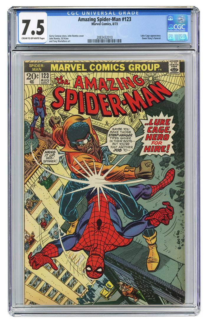 Amazing Spider-Man #123. Marvel Comics, 1973. CGC 7.5: Amazing Spider-Man #123. Marvel Comics, 1973. CGC 7.5 graded copy with cream to off-white pages. Luke Cage appearance. Gwen Stay’s funeral. Story by Gerry Conway. Cover by John Romita.