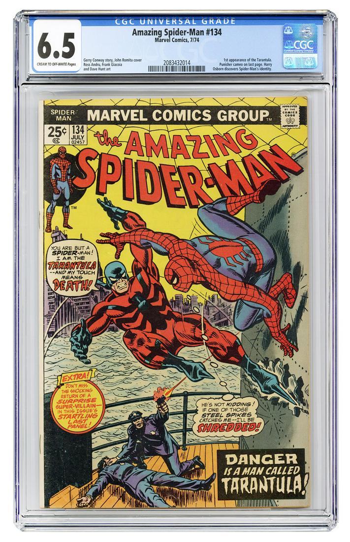 Amazing Spider-Man #134. Marvel Comics, 1974. CGC 6.5: Amazing Spider-Man #134. Marvel Comics, 1974. CGC 6.5 graded copy with cream to off-white pages. First appearance of the Tarantula. Punisher cameo on last page. Harry Osborn discovers Spider-Man’