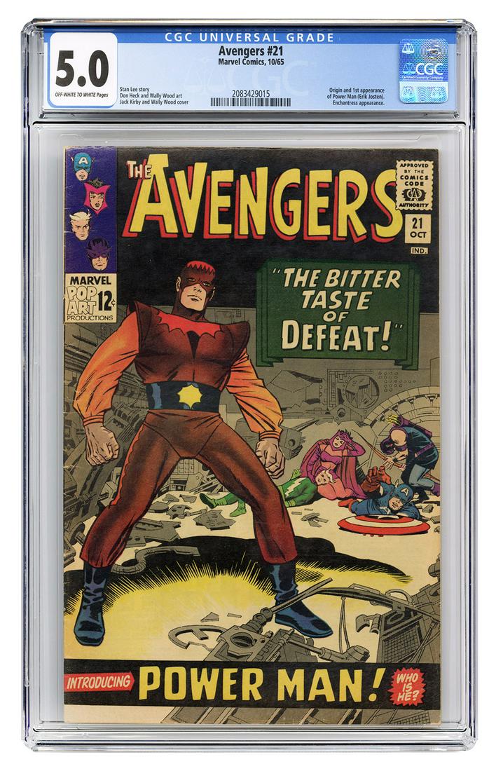 Avengers #21. Marvel Comics, 1965. CGC 5.0 graded copy: Avengers #21. Marvel Comics, 1965. CGC 5.0 graded copy with off-white to white pages. Origin and first appearance of Power Man (Erik Josten). Enchantress appearance. Story by Stan Lee. Cover by Jack K