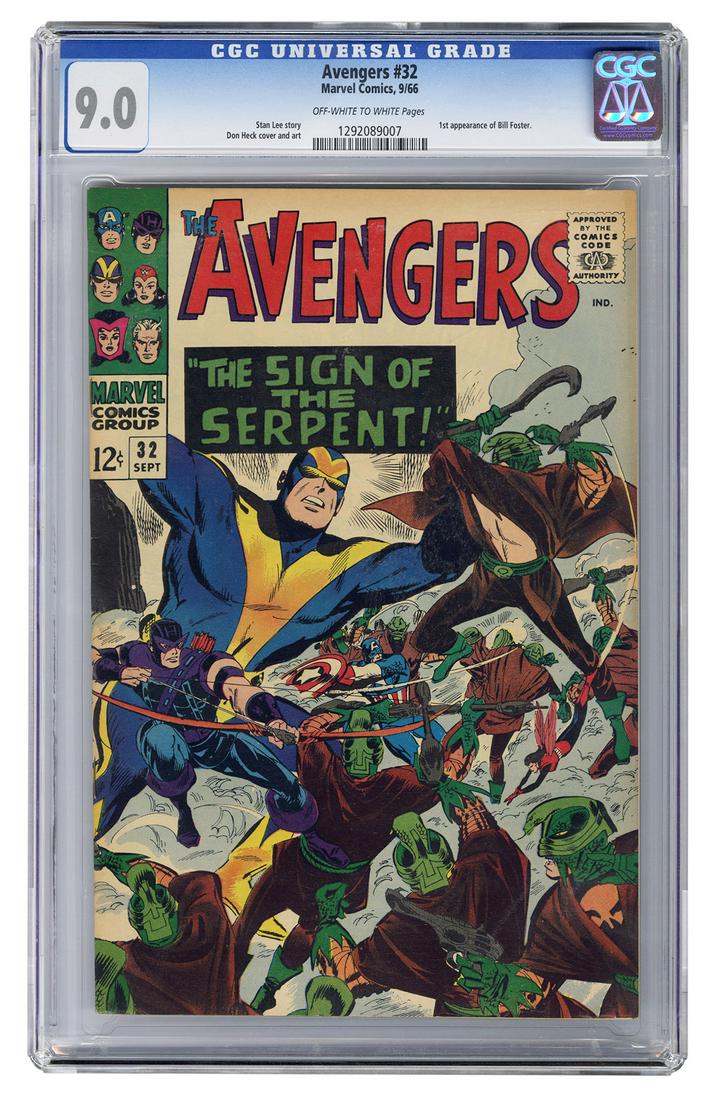 Avengers #32. Marvel Comics, 1966. CGC 9.0 graded copy: Avengers #32. Marvel Comics, 1966. CGC 9.0 graded copy with off-white to white pages. First appearance of Bill Foster. Story by Stan Lee. Cover and art by Don Heck.