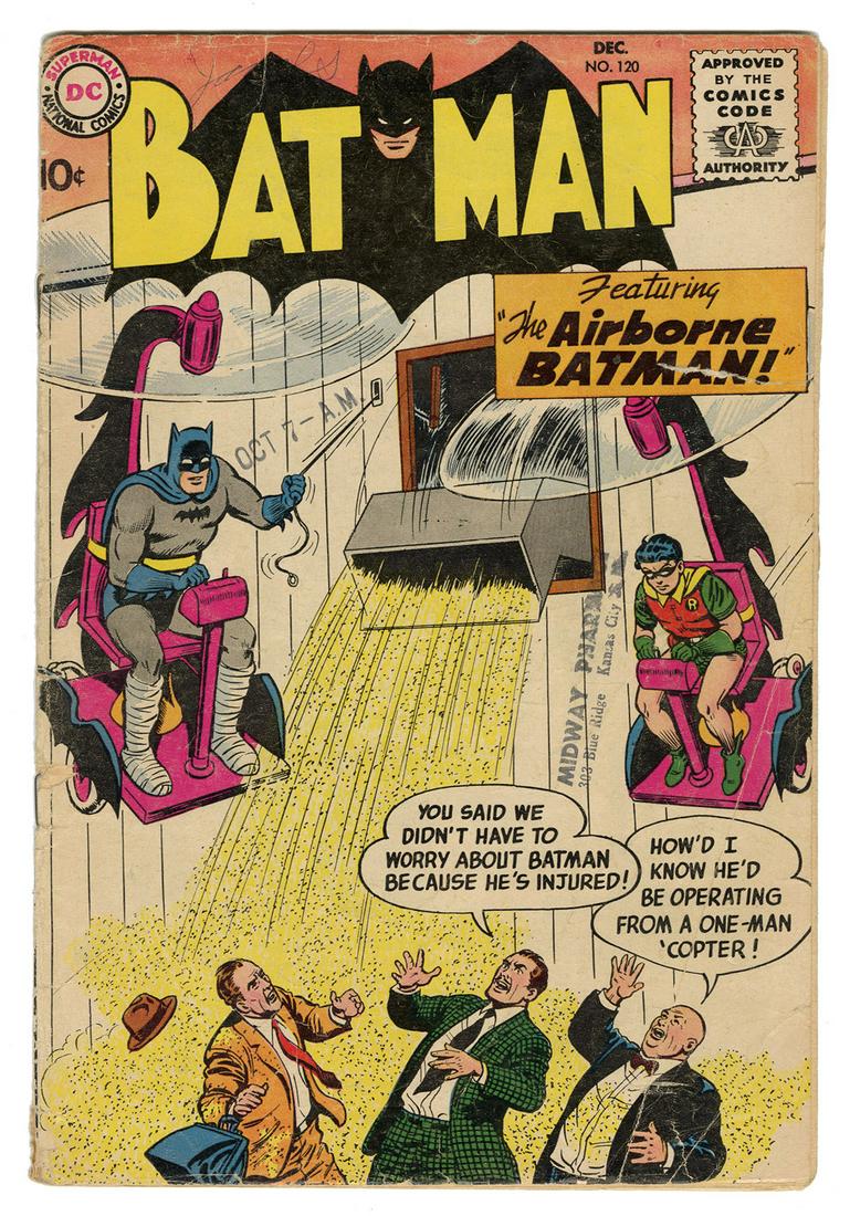 Batman #120. DC Comics, 1958. Ungraded. Corner creased: Batman #120. DC Comics, 1958. Ungraded. Corner creased with ownership and date stamps, staple loose.