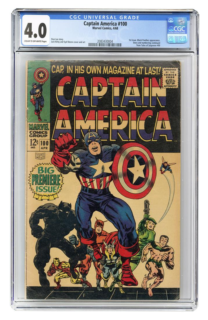 Captain America #100. Marvel Comics, 1968. CGC 4.0: Captain America #100. Marvel Comics, 1968. CGC 4.0 graded copy with cream to off-white pages. First issue. Black Panther appearance. Story and numbering continued from Tales of Suspense #99. Story by 