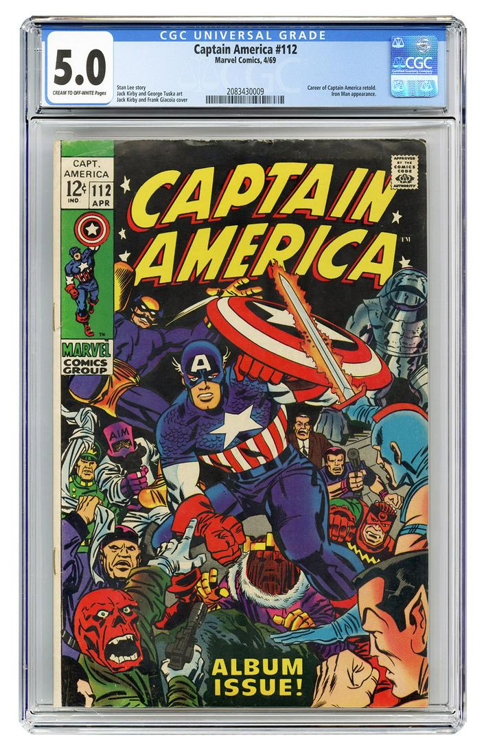Captain America #112. Marvel Comics, 1969. CGC 5.0: Captain America #112. Marvel Comics, 1969. CGC 5.0 graded copy with cream to off-white pages. Career of Captain America retold. Iron Man appearance. Story by Stan Lee. Cover by Jack Kirby and Frank Gi