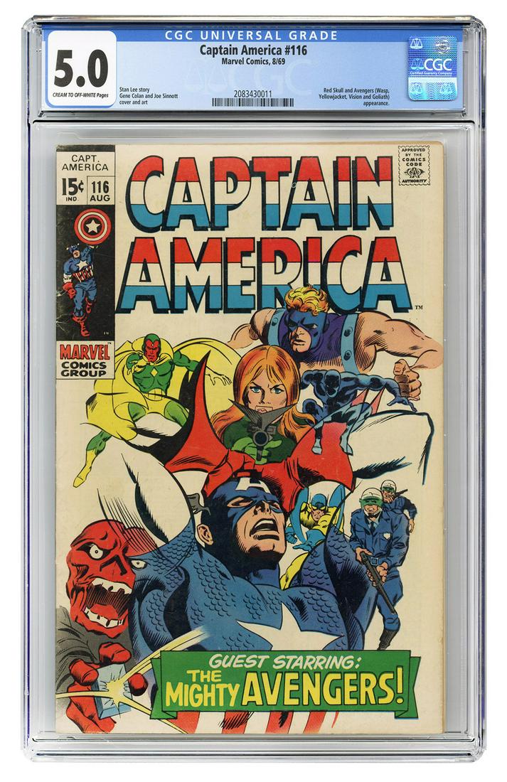 Captain America #116. Marvel Comics, 1969. CGC 5.0: Captain America #116. Marvel Comics, 1969. CGC 5.0 graded copy with cream to off-white pages. Red Skull and Avengers (Wasp, Yellowjacket, Vision and Goliath) appearance. Story by Stan Lee. Cover and a