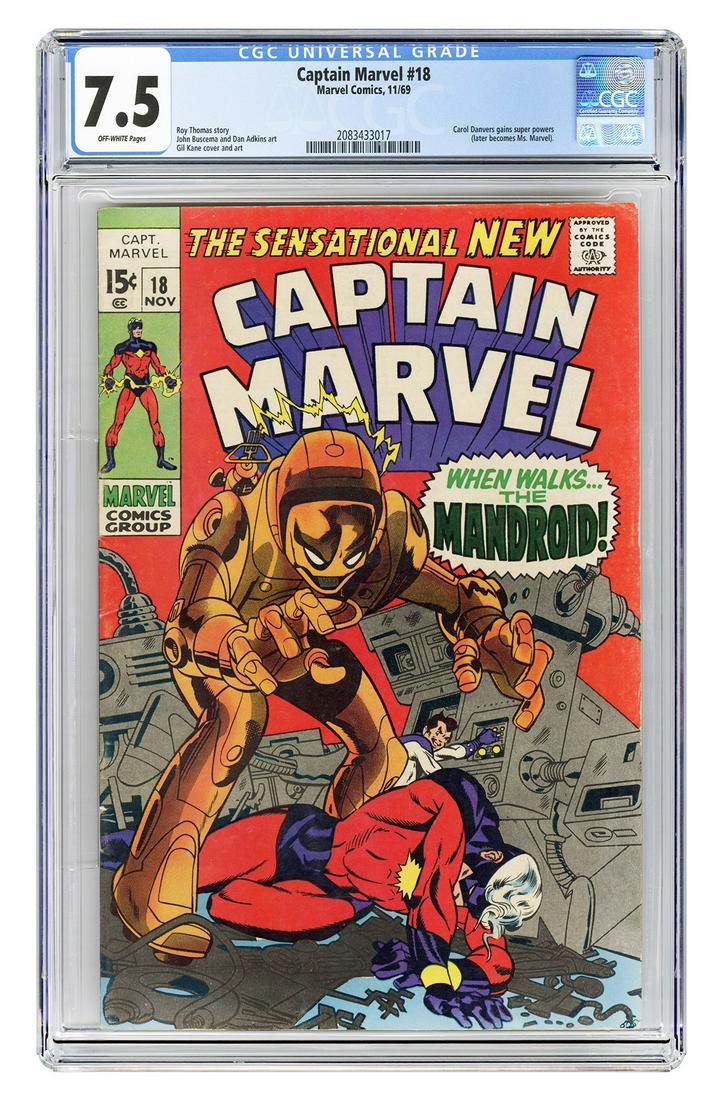 Captain Marvel #18. Marvel Comics, 1969. CGC 7.5 graded: Captain Marvel #18. Marvel Comics, 1969. CGC 7.5 graded copy with off-white pages. Carol Danvers gains super powers (later becomes Ms. Marvel). Story by Roy Thomas. Cover and art by Gil Kane.