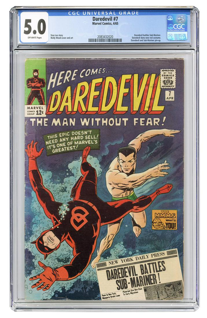 Daredevil #7. Marvel Comics, 1965. CGC 5.0 graded copy: Daredevil #7. Marvel Comics, 1965. CGC 5.0 graded copy with off-white pages. Daredevil battles Sub-Mariner. Daredevil dons new red costume. Daredevil and Sub-Mariner pin-up. Story by Stan Lee. Cover a