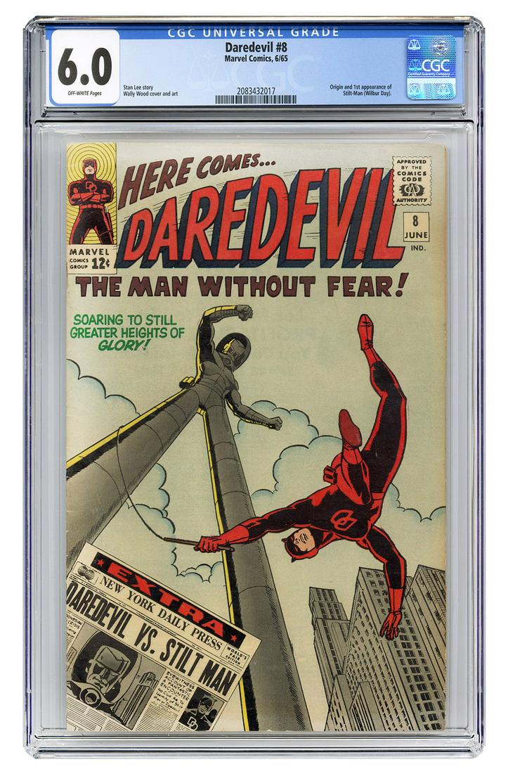 Daredevil #8. Marvel Comics, 1965. CGC 6.0 graded copy: Daredevil #8. Marvel Comics, 1965. CGC 6.0 graded copy with off-white pages. Origin and first appearance of Stilt-Man (Wilbur Day). Story by Stan Lee. Cover and art by Wally Wood.