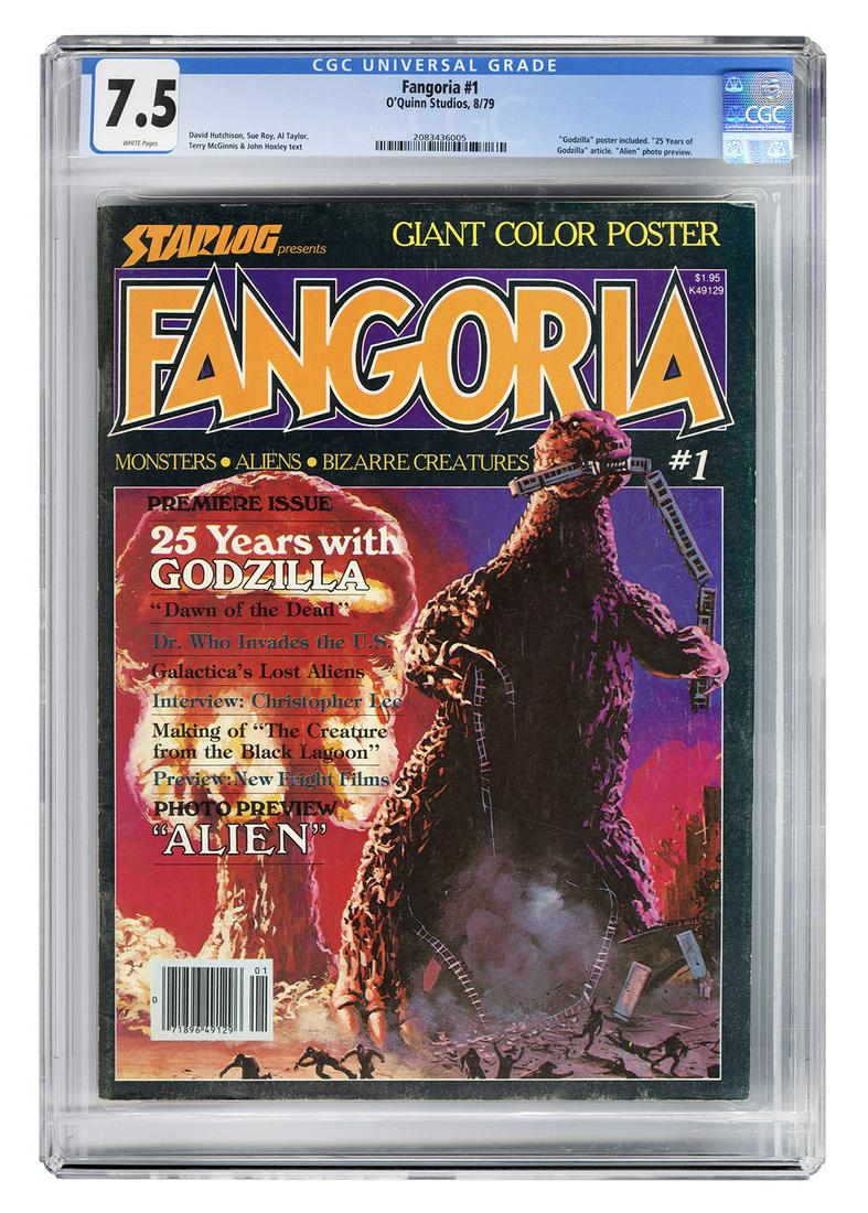 Fangoria #1. O’Quinn Studios, 1979. CGC 7.5: Fangoria #1. O’Quinn Studios, 1979. CGC 7.5 graded copy with white pages. “Godzilla” poster included. “25 Years of Godzilla” article. “Alien” photo preview.