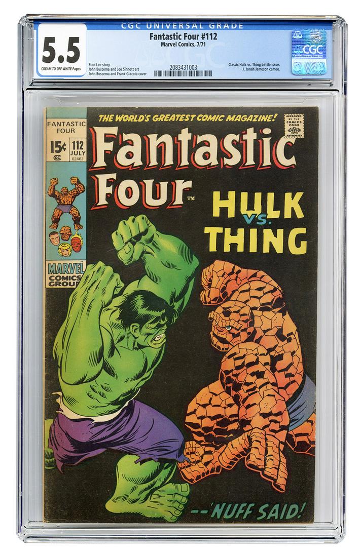 Fantastic Four #122. Marvel Comics, 1971. CGC 5.5: Fantastic Four #122. Marvel Comics, 1971. CGC 5.5 graded copy with cream to off-white pages. Classic Hulk vs. Thing battle issue. J. Jonah Jameson cameo. Story by Stan Lee. Cover by John Buscema and F