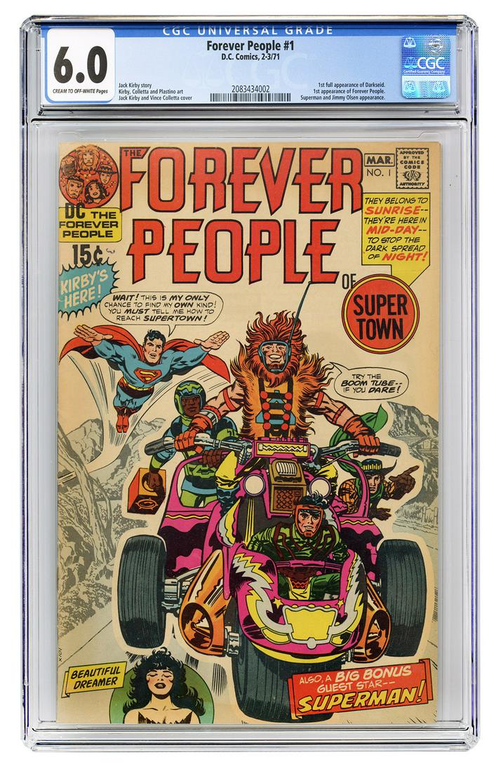 Forever People #1. D.C. Comics, 1971. CGC 6.0 graded: Forever People #1. D.C. Comics, 1971. CGC 6.0 graded copy with cream to off-white pages. First full appearance of Darkseid. First appearance of Forever People. Superman and Jimmy Olsen appearance. Sto
