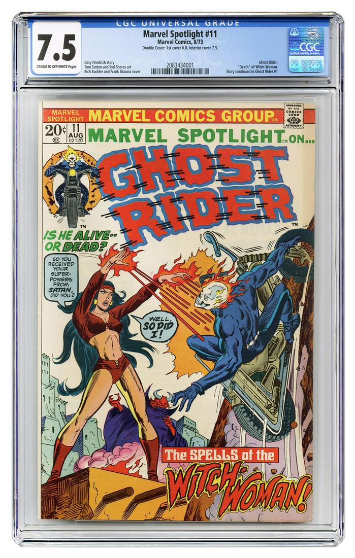 Marvel Spotlight #11. Marvel Comics, 1973. CGC 7.5: Marvel Spotlight #11. Marvel Comics, 1973. CGC 7.5 graded copy with cream to off-white pages. Ghost Rider. “Death” of Witch-Woman. Story continued in Ghost Rider #1. Story by Gary Friedric