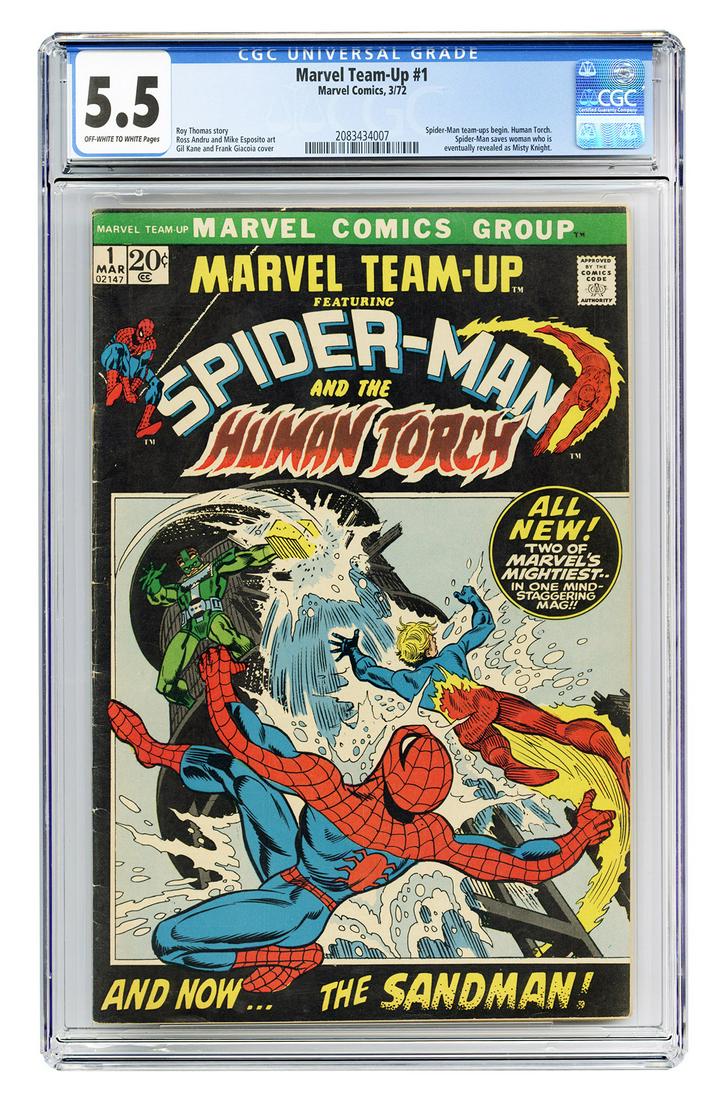 Marvel Team-Up #1. Marvel Comics, 1972. CGC 5.5 graded: Marvel Team-Up #1. Marvel Comics, 1972. CGC 5.5 graded copy with off-white to white pages. Spider-Man team-ups begin. Human Torch. Spider-Man saves woman who is eventually revealed as Misty Knight. St