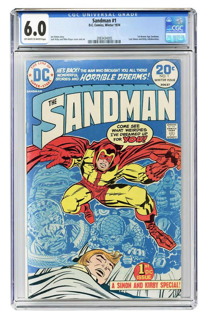 Sandman #1. DC Comics, 1974. CGC 6.0 graded copy with: Sandman #1. DC Comics, 1974. CGC 6.0 graded copy with off-white to white pages. First Bronze Age Sandman. Last Simon and Kirby collaboration. Story by Joe Simon. Cover and art by Jack Kirby and Mike R