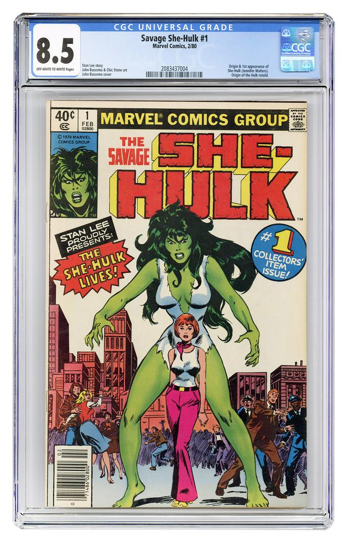 Savage She-Hulk #1. Marvel Comics, 1980. CGC 8.5 graded: Savage She-Hulk #1. Marvel Comics, 1980. CGC 8.5 graded copy with off-white to white pages. Origin and first appearance of She-Hulk (Jennifer Walters). Origin of the Hulk retold. Story by Stan Lee. Co