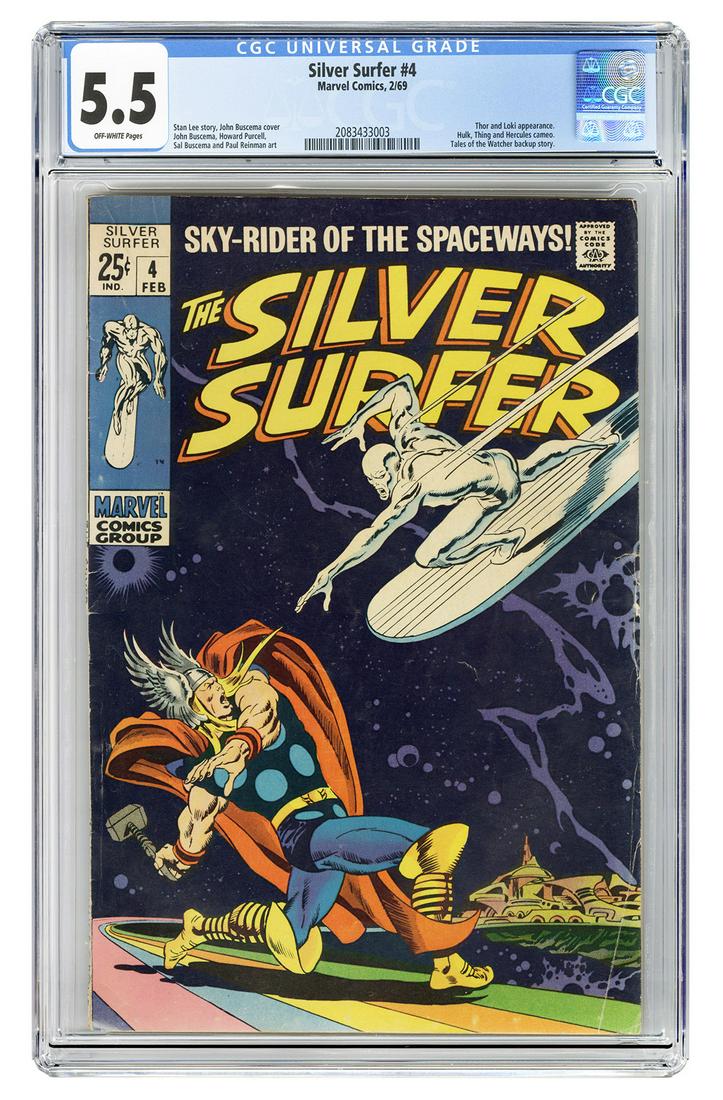 Silver Surfer #4. Marvel Comics, 1969. CGC 5.5 graded: Silver Surfer #4. Marvel Comics, 1969. CGC 5.5 graded copy with off-white pages. Thor and Loki appearance. Hulk, Thing and Hercules cameo. Tales of the Watcher backup story. Story by Stan Lee. Cover b